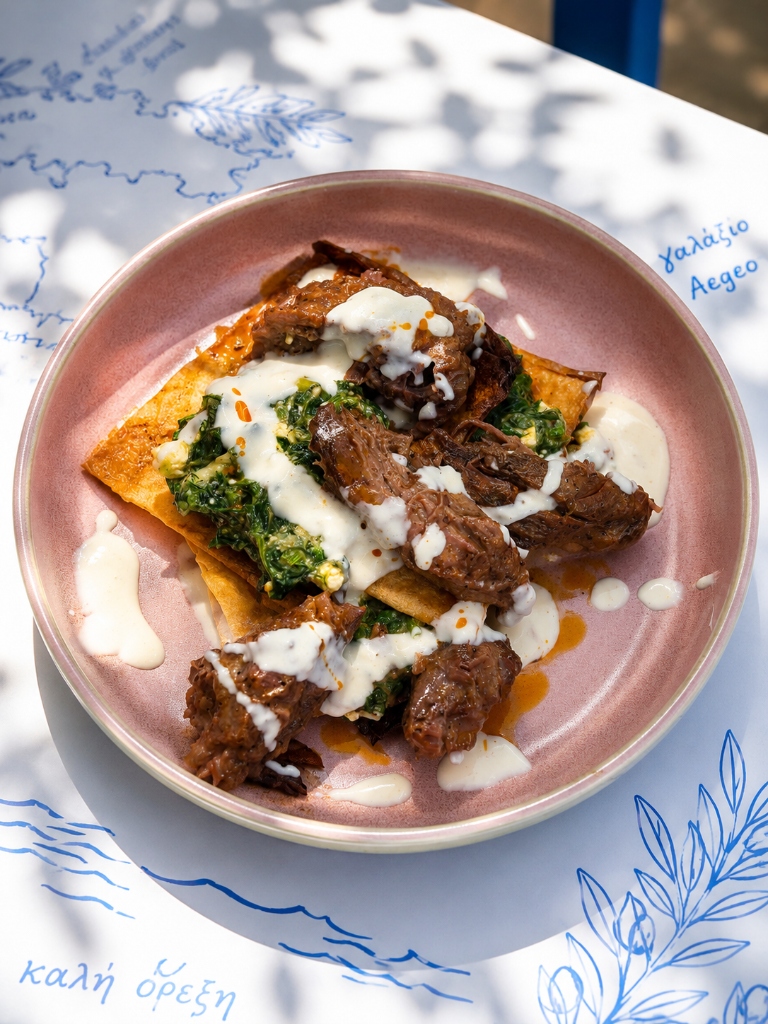 Moshari me pita at Aristo Restaurant